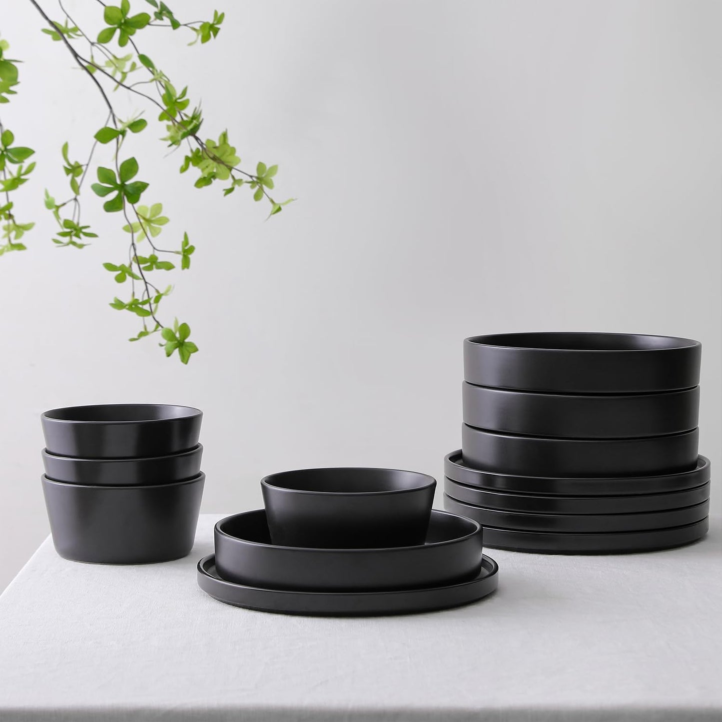 Stone Lain Celina Stoneware 12-Piece Dinnerware Set, Cereal and Pasta Bowls, Black