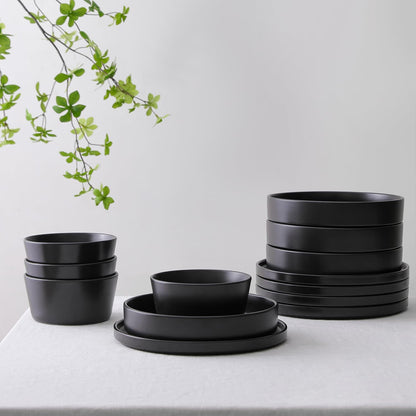 Stone Lain Celina Stoneware 12-Piece Dinnerware Set, Cereal and Pasta Bowls, Black
