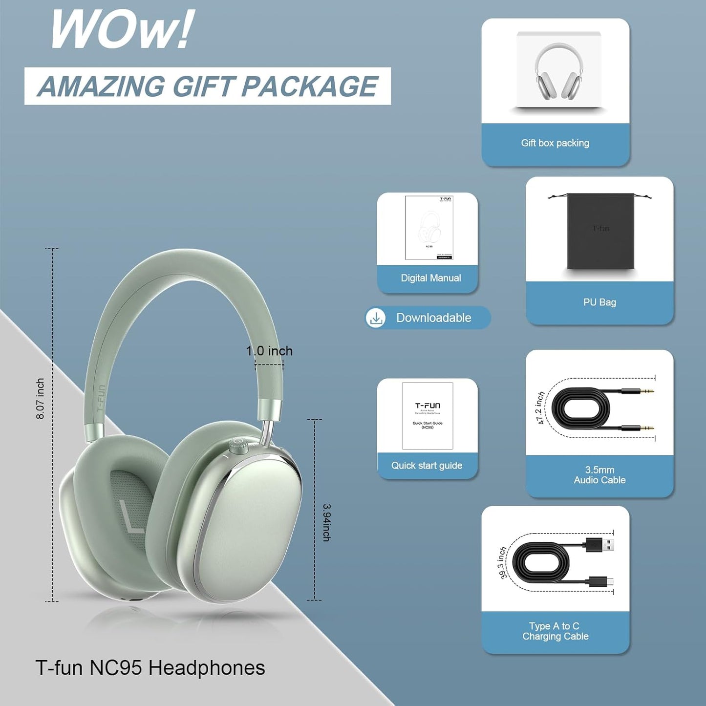 T-fun NC95 Hybrid Active Noise Cancelling Headphones with Knob Control, 65H Playtime Over Ear Headphones Wireless Bluetooth 5.3, App Control, Hi-Res Audio, Comfort Fit, Clear Calls for Travel/Workout