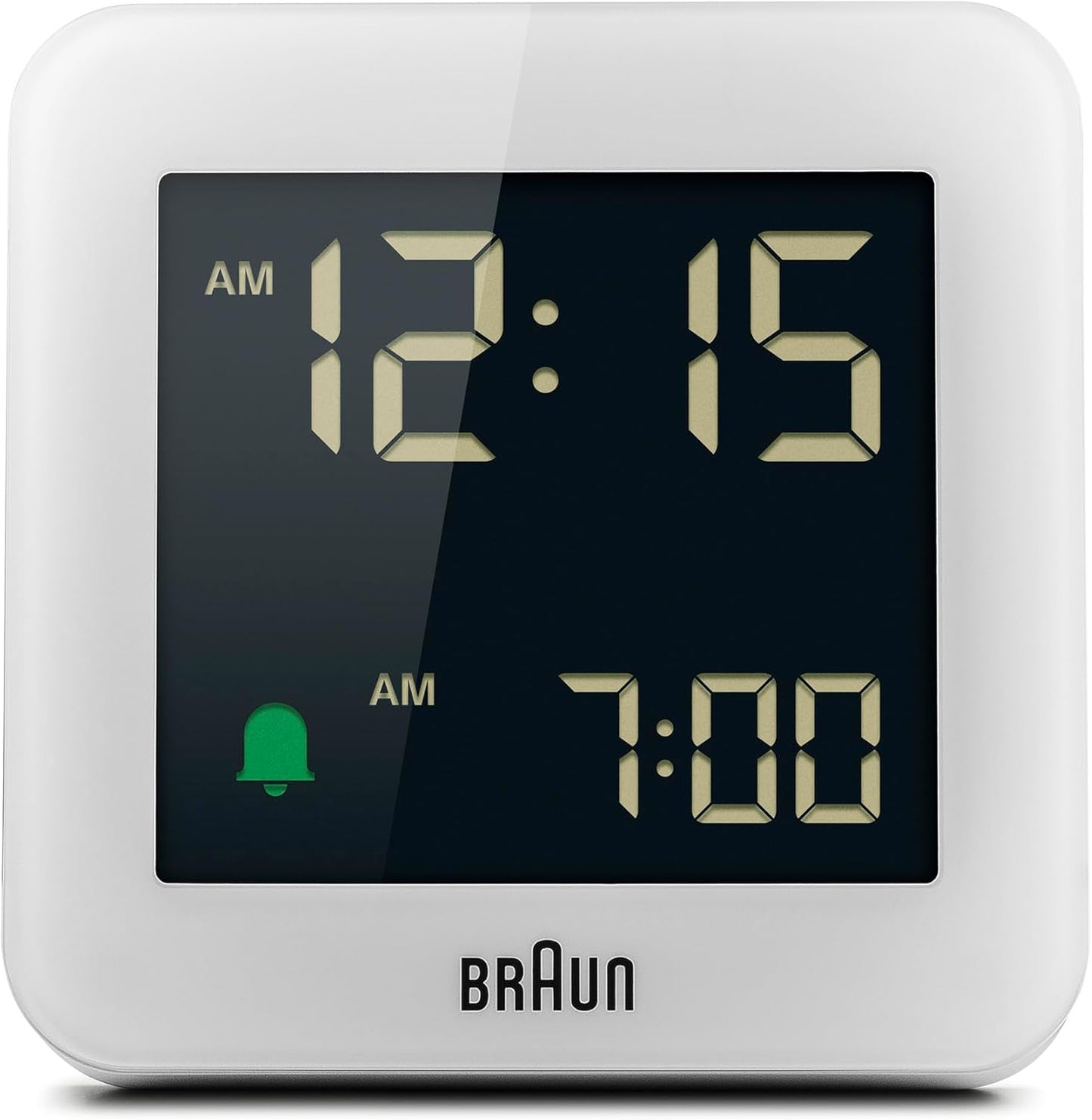 Braun Digital Alarm Clock with Snooze, Negative LCD Display, Quick Set, Crescendo Beep Alarm in White, Model BC09W.