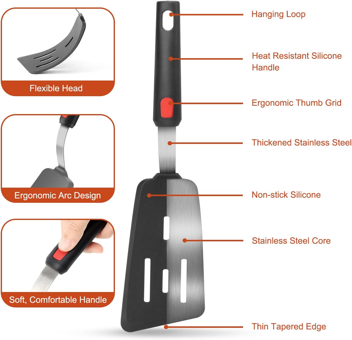 Hotec Silicone Spatula Turner for Nonstick Cookware, Flexible 600F Heat Resistant, Ideal for Flipping Eggs, Burgers, Pancakes, Crepes and More (3 Pack)