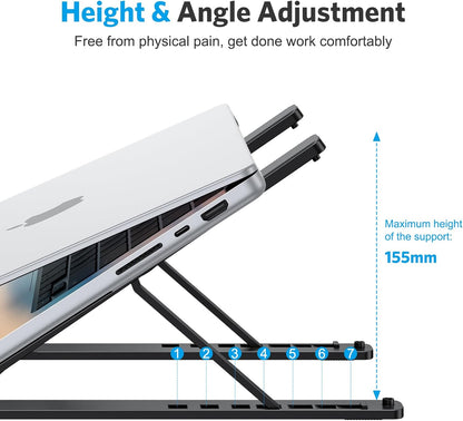 OMOTON Adjustable Laptop Stand | 7-Level Ergonomic Foldable Laptop Riser | Portable Desk Stand for 10–15.6 Inch Laptops & Tablets | Black