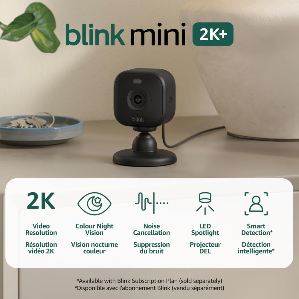 Blink Mini 2K+ (newest model) – Plug-in Home & Pet Security Camera with 2K video resolution, colour night vision, enhanced audio, motion detection – 2 cameras (Black)