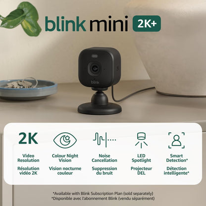 Blink Mini 2K+ (newest model) – Plug-in Home & Pet Security Camera with 2K video resolution, colour night vision, enhanced audio, motion detection – 2 cameras (Black)