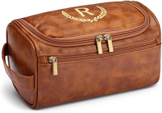 OXYEFEI Toiletry Bag Men,Gifts for Men,Mens Toiletry Travel Shaving Dopp Kit Bag with Initial PU Leather Cosmetic Bags Organizer Storage Accessories (R) - PuriLite