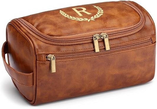 OXYEFEI Toiletry Bag Men,Gifts for Men,Mens Toiletry Travel Shaving Dopp Kit Bag with Initial PU Leather Cosmetic Bags Organizer Storage Accessories (R)