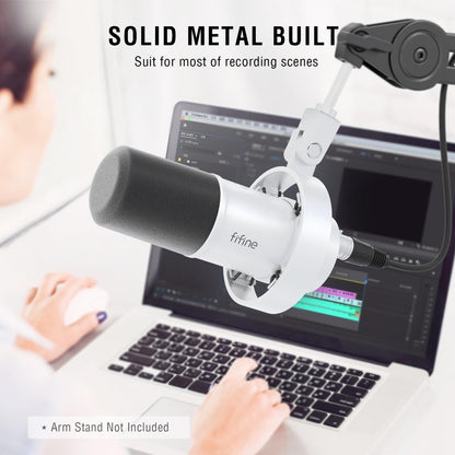 Fifine XLR/USB Podcast Microphone, PC Recording Dynamic Mic for Streaming, Studio, Vocal, Voice-Over, Instruments, Metal Cardioid Mic with Tap-to-Mute, Monitoring Headphone Jack, Gain Knob-K688