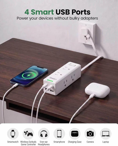 6 FT Flat Plug Extension Cord Power Bar with 6 Outlets and 4 USB