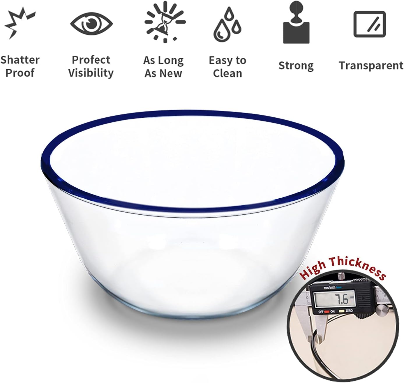 Luvan High Borosilicate Glass Mixing Salad Bowls with Lids Set of 3 (4.5QT,2.7QT,1.1QT),Large Kitchen Nesting Bowls, Great for Food Storage, Cooking, Baking, Prepping,Dishwasher and Microwave Safe