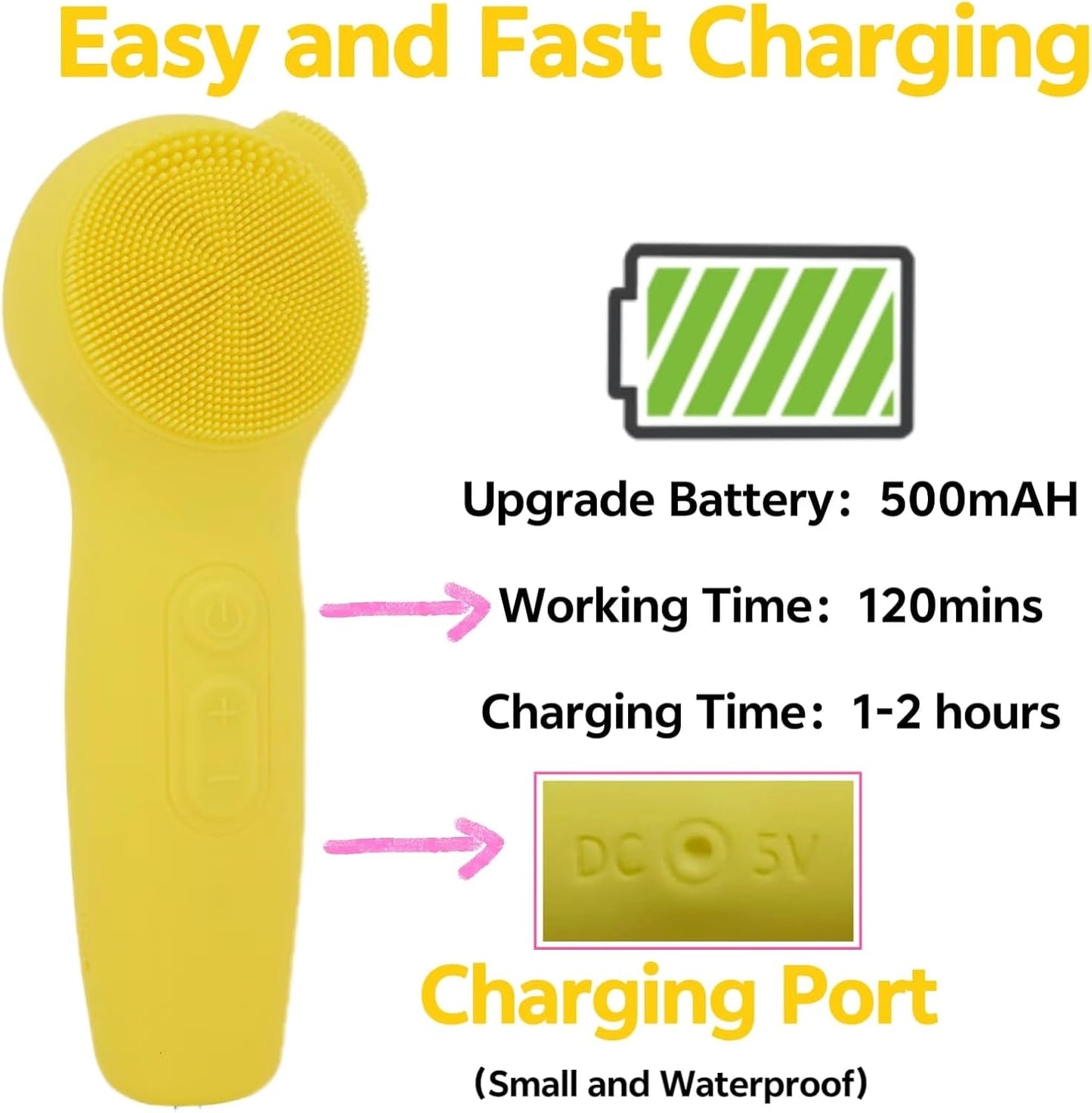 Ancaedhy 3 in 1 Facial Cleansing Brush, 5 Levels Deep Cleansing, Electric Face Scrubber for Men and Women, USB Rechargeable, IPX7 Waterproof, Yellow Silicone Face and Nose Scrubber