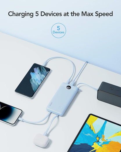 VRURC 10000mAh Power Bank Built-in Cables, Portable Charger with LED Display, Slim Intelligent Travel Battery Pack with Cords, 5 Output Dual Input Phone Charger for Cell Phone Smart Devcies-Blue