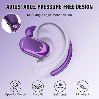 Open Ear Headphones, Bluetooth 5.4 Earphones 36H Playtime Air Conduction Headphones with Mic, Adjustable Earhook Earbuds with ENC Clear Calls/LED Display, IPX7 Waterproof Open Ear Earbuds Dark Purple