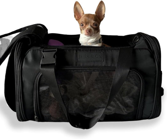JACKO & CO - Premium Dog & Cat Carrier, TSA Airline Approved with Luggage Loop, Soft-Sided Travel Carrier Bag for Pets, Small Dogs, Puppies, Kittens up to 10lbs, Ventilated Windows & Fully Collapsible