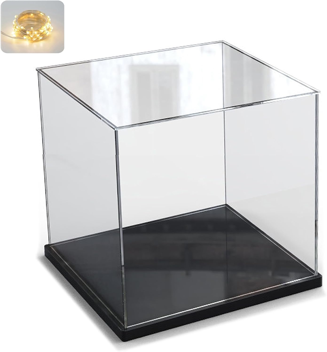 Thickened Clear Acrylic Display Case for Lego 10330 43268 76450 42170 10295 10353 Collectibles, Transparent Box Dustproof Protection with Wood-Plastic Base & String Light, Black Inside 40x20x20cm