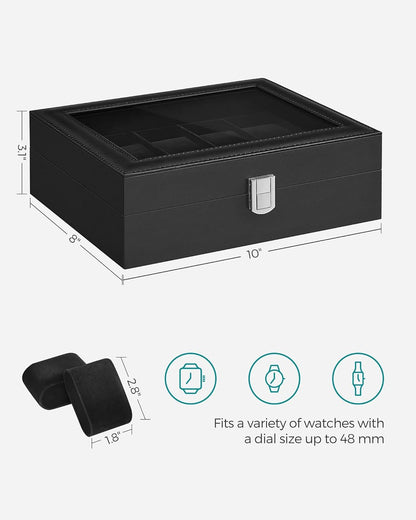 SONGMICS Watch Box, 6-Slot Watch Case, Watch Box Organizer, Black Synthetic Leather, Greenish Gray Lining UJWB06BK