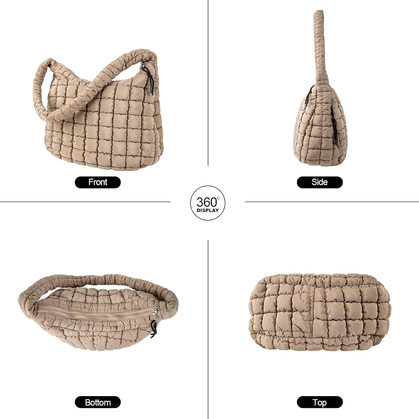 Quilted Puffer Tote Bag Large Crossbody Shoulder Bag with Zipper, Nylon Hobo Oversized Handbag