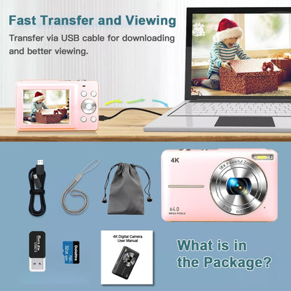 4K Digital Camera for Photography, 64MP Autofocus Vlogging Cam for YouTube, Anti-Shake, 3.0'' LED Screen, 18X Zoom, Pink Point and Shoot Digital Camera for Teens Adult Beginner, 32GB TF Card