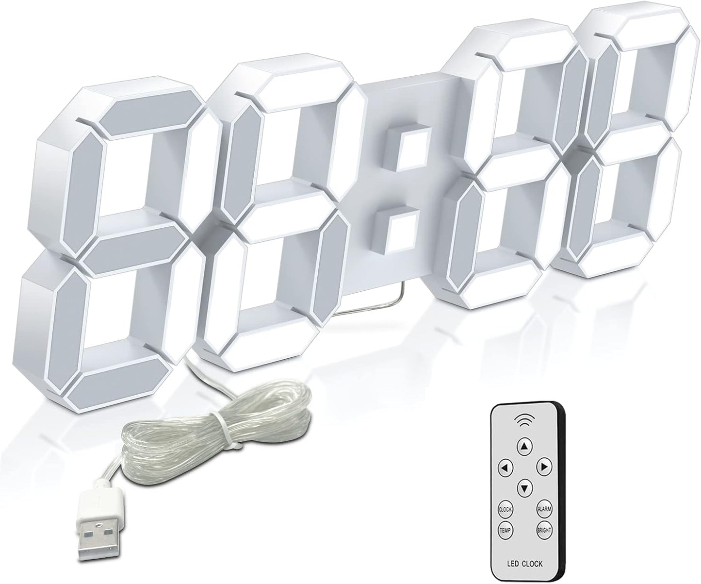 Deeyaple 3D LED Digital Wall Clock Modern Alarm Clock Adjust Brightness 12/24 Time Date Temperature Silent Snooze USB Night Light Remote Control Kitchen Bedroom Living Room Small 9.7 inch White