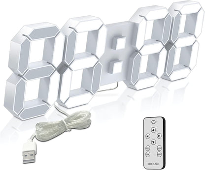 Deeyaple 3D LED Digital Wall Clock Modern Alarm Clock Adjust Brightness 12/24 Time Date Temperature Silent Snooze USB Night Light Remote Control Kitchen Bedroom Living Room Small 9.7 inch White
