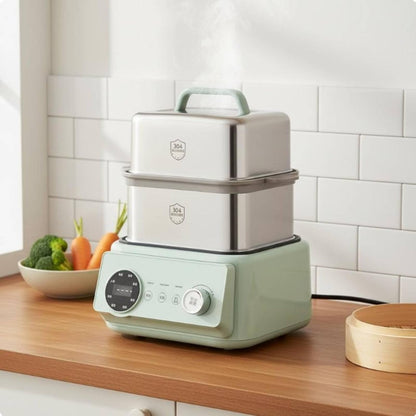 Electric Steamer Multi Layer Cooker Hot Pot Appliance Food Warmer Stainless Steel Trays 1200W With Digital Display Suitable for small gatherings, Stainless Steel Green, Canada 110V