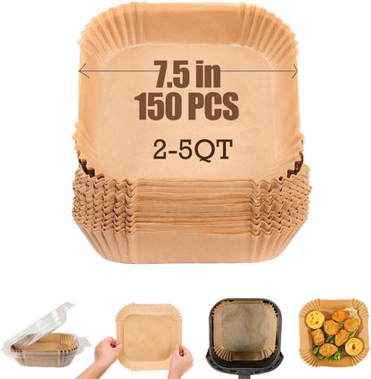 7.5 Inch Air Fryer Parchment Paper Liners Square,150 Pcs Non-Stick &Oil-Proof Air Fryer Liners Disposable for 2-5 QT Frying,Baking,Roast