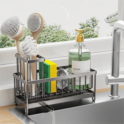 Cisily Sponge Holder for Kitchen Sink, Sink Caddy with High Brush Holder, Organzier Rustproof 304 Stainless Steel Dish Organizer Divider, Soap Dispenser Storage (Black)