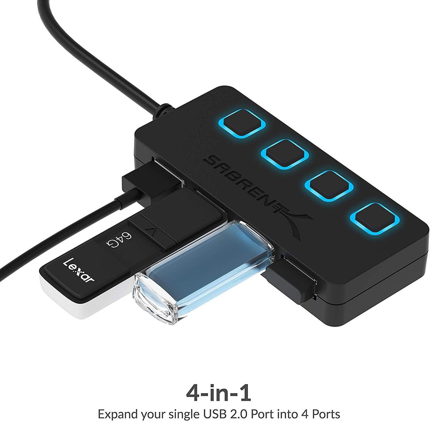 SABRENT USB hub, USB Adapter 2.0, 4 Port USB Extension with ON/Off switches, Multiple USB Splitter for SSD, PS4 PS5, PlayStation 5, Laptop, PC, Printer, MacBook, USB Stick, Notebook (HB-UMLS)