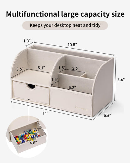 Vlando Office Desk Organizer Leather Desktop Organizer Caddy with Drawer for Storing Desktop Supplies and Accessories (White)