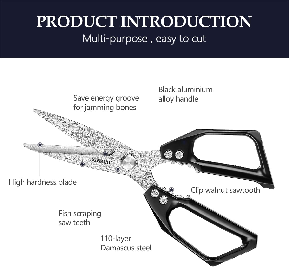 XINZUO Damascus Kitchen Shears – 110 Layer High Carbon Steel Poultry Scissors, Heavy Duty Kitchen Scissors for Chicken, Meat & Seafood, Multi-Purpose Chef Scissors
