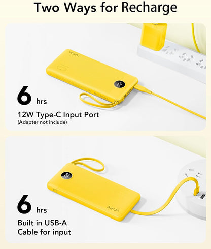VRURC 10000mAh Power Bank Built-in Cables, Portable Charger with LED Display, Slim Intelligent Travel Battery Pack with Cords, 5 Output Dual Input Phone Charger for Cell Phone Smart Devcies-Blue