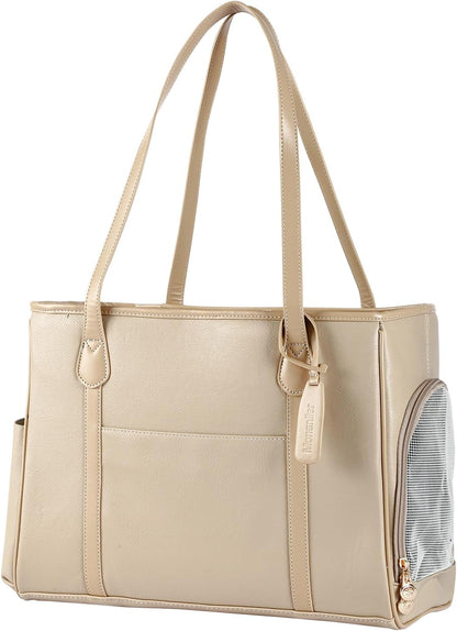 Monanller Stylish Dog Purse Carrier, Leather Pet Carrier Bag for Small Dogs Cats Puppy, Airline Approved Soft-Sided Carrier Beige