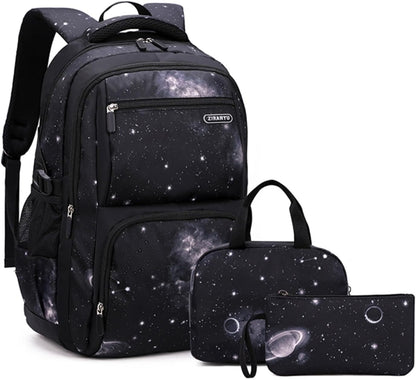 Boys Backpacks Primary Junior High School Bag Kids Bookbag with Lunch Bag 3 in 1 Casual Daypack Set Space Galaxy Durable Knapsack