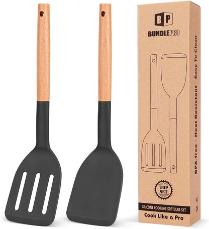 Silicone Cooking Spatula Set | Heat Resistant Turner | Non Stick Kitchen Spatula | Wooden Handle Cooking Tool | Frying Baking Utensils - PuriLite