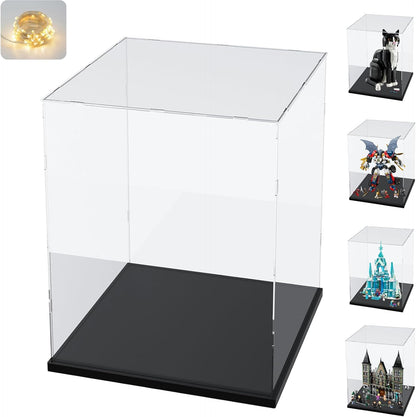 Thickened Clear Acrylic Display Case for Lego 10330 43268 76450 42170 10295 10353 Collectibles, Transparent Box Dustproof Protection with Wood-Plastic Base & String Light, Black Inside 40x20x20cm