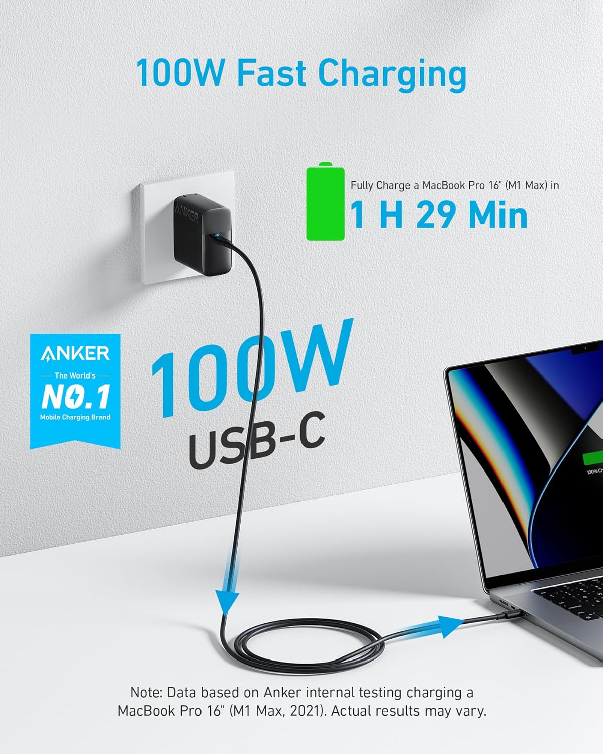 Anker MacBook Charger, Compact and Foldable 100W USB C Charger for MacBook Air, Samsung Galaxy, iPad Pro, and More, 5FT USB C Cable Included