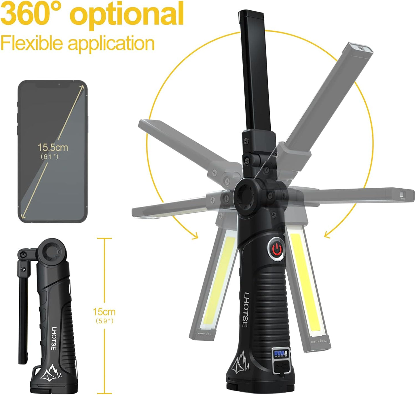 Rechargeable Work Lights, LED Work Light with Magnetic Base and Hanging Hook,360°Rotate 5 Modes Magnetic Rechargeable Flashlights for Mechanics Car Repair, Home, Garage, Emergency,BBQ,Camping(4 Pack)