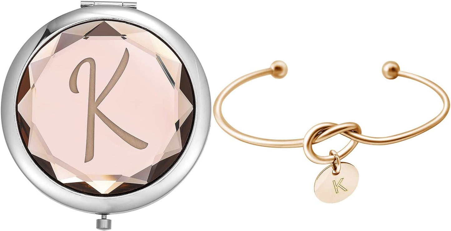 Compact Crystal Pocket Makeup Mirrors Set - Letter Mirror and Love Knot Bracelets for Bachelorette Party, Bridesmaid Proposal, Wedding Gifts (Champagne-B)