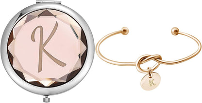 Compact Crystal Pocket Makeup Mirrors Set - Letter Mirror and Love Knot Bracelets for Bachelorette Party, Bridesmaid Proposal, Wedding Gifts (Champagne-B)