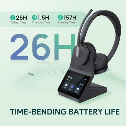 Yealink WH64 Pro DECT& Bluetooth Wireless Headset, 3.5" Touchscreen Teams, Mono Headphones, 606 ft Range,3X Noise Cancelling Mic, 26H Calls Office Work Single Ear Headsets for DeskPhone,Laptop,Mobile