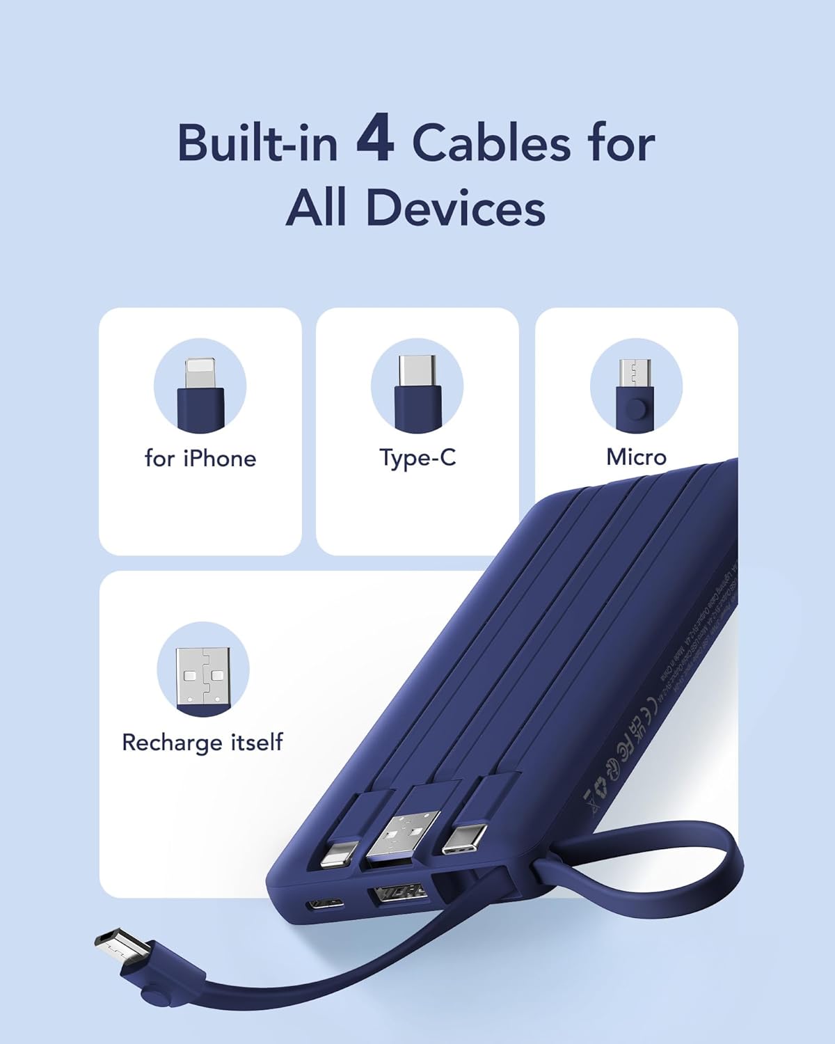 VRURC 10000mAh Power Bank Built-in Cables, Portable Charger with LED Display, Slim Intelligent Travel Battery Pack with Cords, 5 Output Dual Input Phone Charger for Cell Phone Smart Devcies-Blue