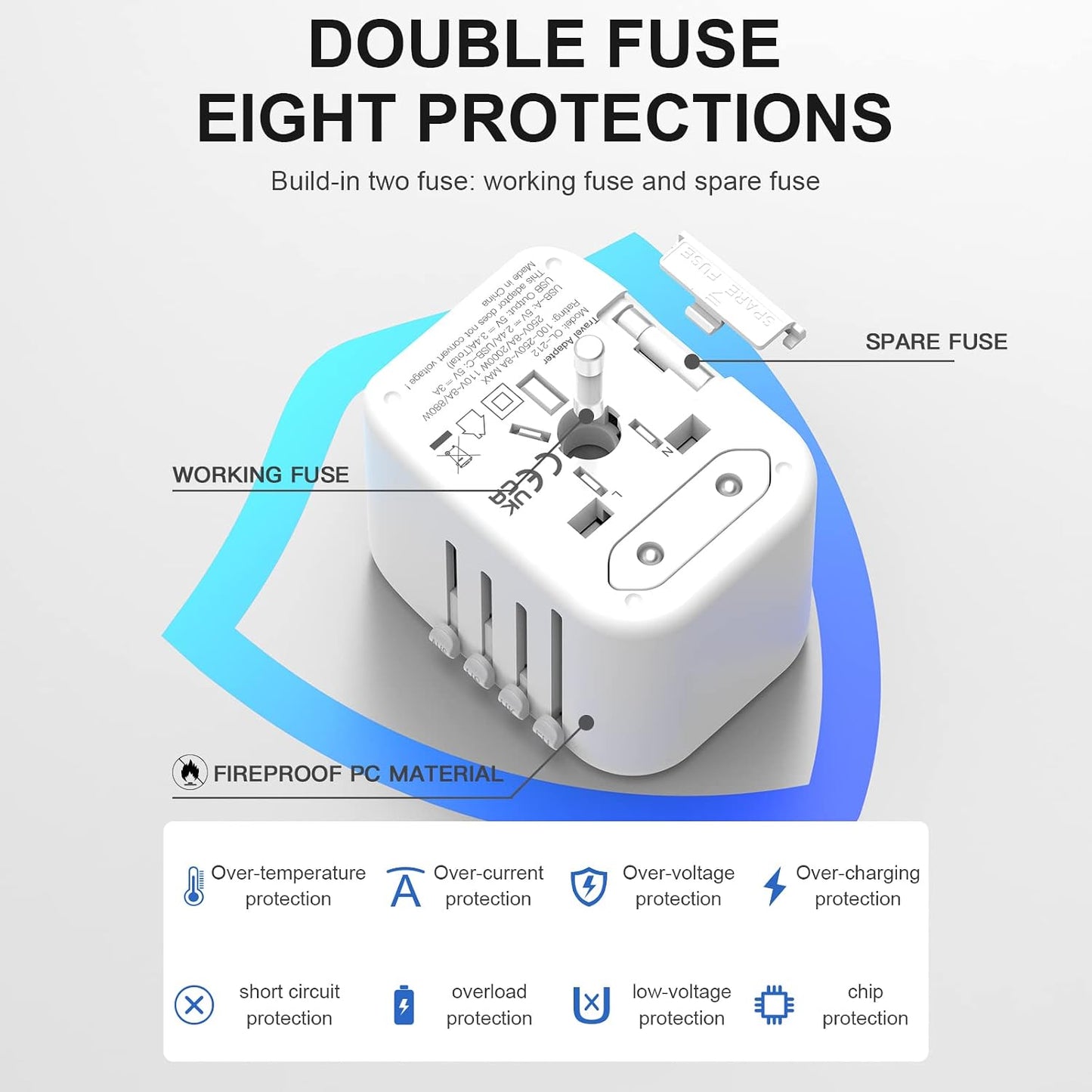 Universal International Power Travel Plug Adapter, 5 in 1 European Travel Plug Adapter W/ 3.5A 2xUSB-A and 2xUSB C Wall Charger and Worldwide AC Outlet for Europe USA UK AUS Asia (White)
