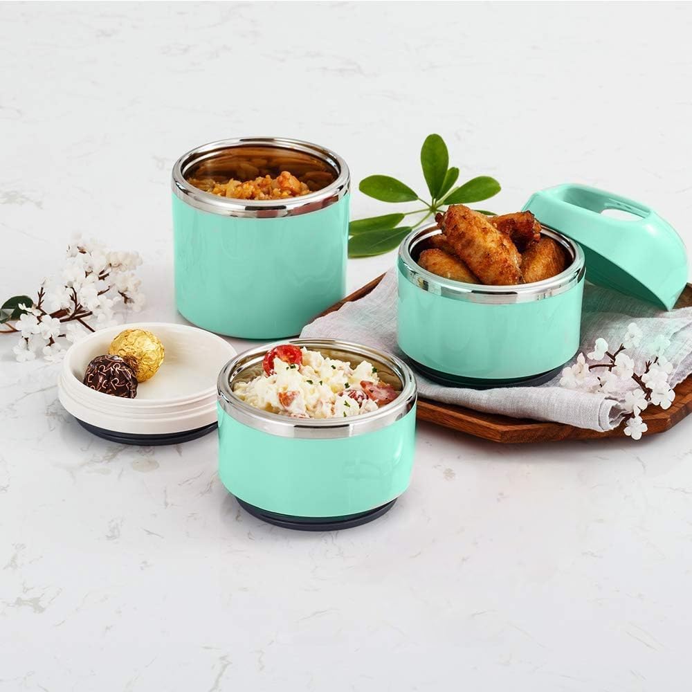 Lille Home Stackable Stainless Steel Thermal Compartment Lunch/Snack Box, 3-Tier Insulated Bento/Food Container with Lunch Bag, Cutlery Set and 3 Extra Seals, 43OZ (Gray)