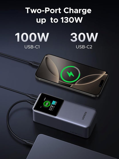 UGREEN 20000mAh Power Bank 130W 3-Port Fast Charger Portable with TFT Smart Display, Compatible with iPhone 16 Series, Galaxy S25 Ultra, MacBook, Dell Laptops, AirPods, iPhone 15-12 & More