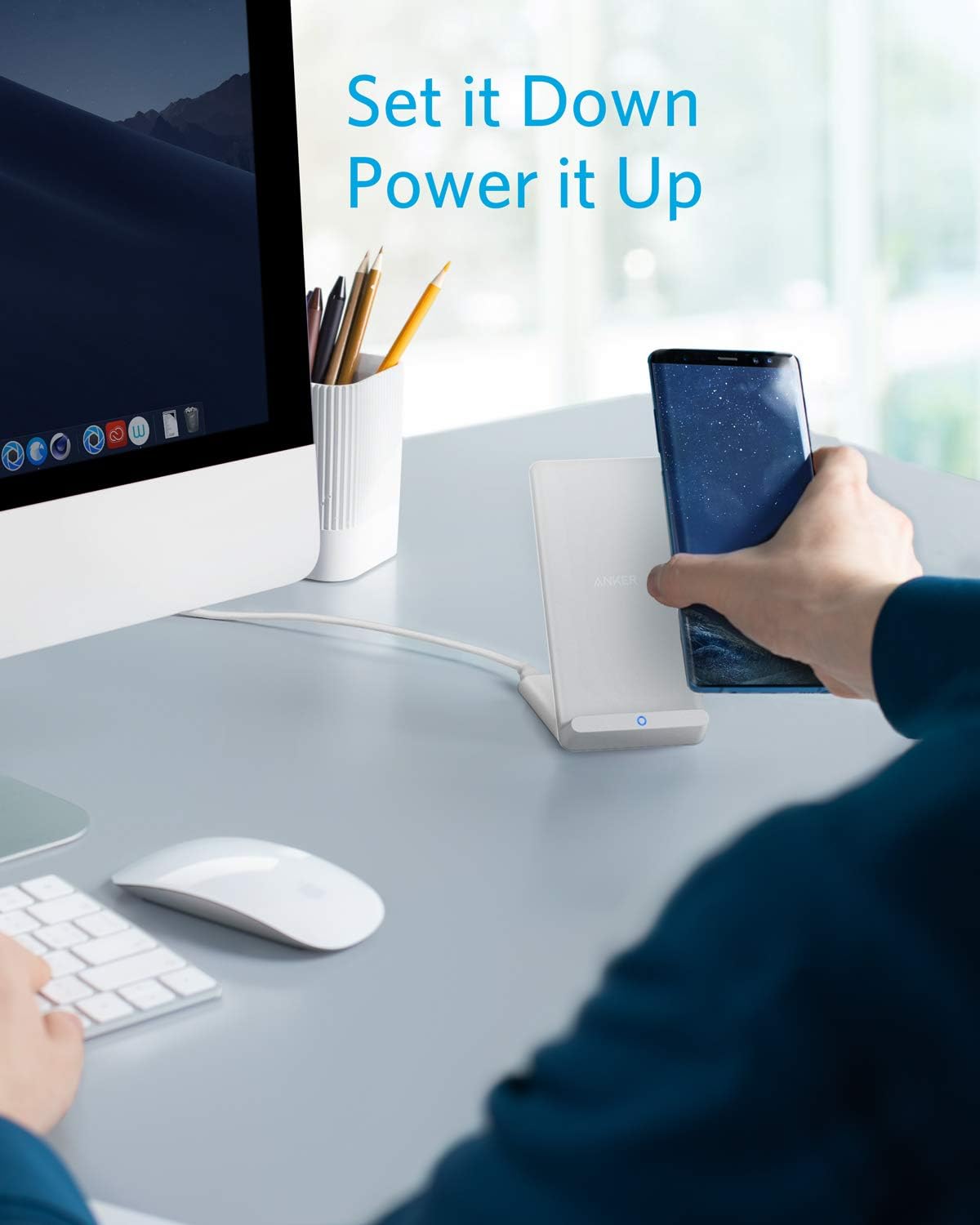Anker 313 Wireless Charger (Stand), Qi-Certified for iPhone 14/14 Pro/14 Pro Max/13/13 Pro Max, 10W Fast-Charging Galaxy S20, S10 (No AC Adapter)
