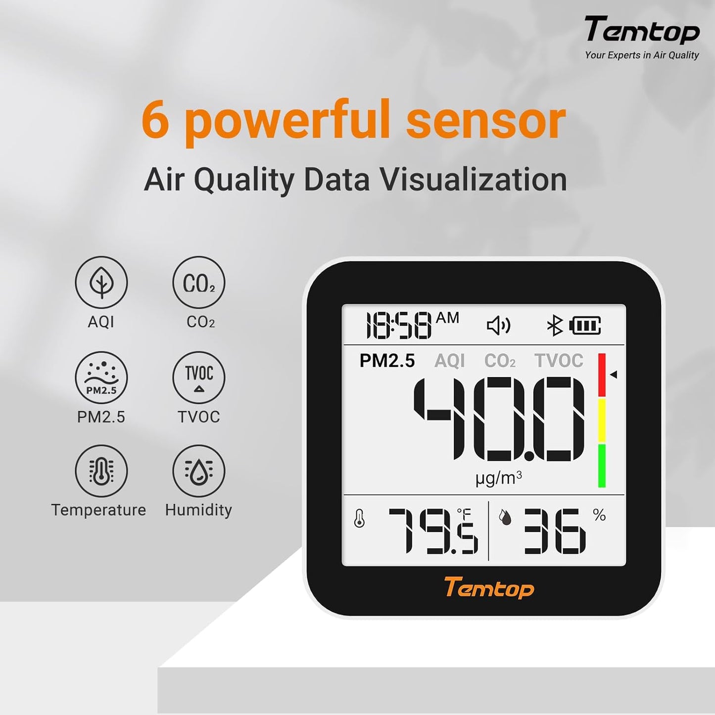Temtop Air Quality Monitor Indoor with PM2.5, AQI, tVOC, CO2 Monitor, Temperature & Humidity Monitoring,Connectivity with App(‎M10 Plus)