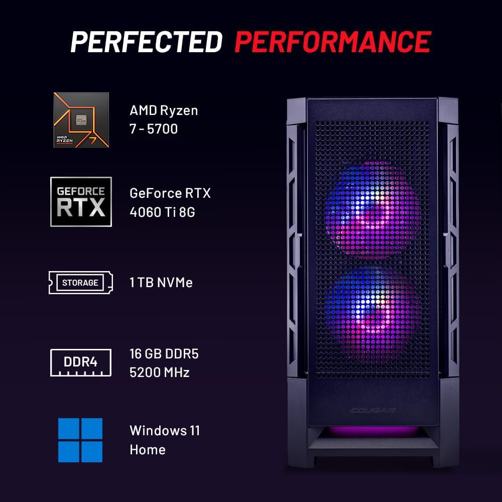 Skytech Shadow Gaming PC, Intel i5 13400F 2.5 GHz (4.6GHz Turbo Boost), NVIDIA RTX 4060 8GB GDDR6X, 1TB NVME, 32GB DDR5 RAM 5200 RGB, 650W Gold PSU, Wi-Fi, Win 11 Home