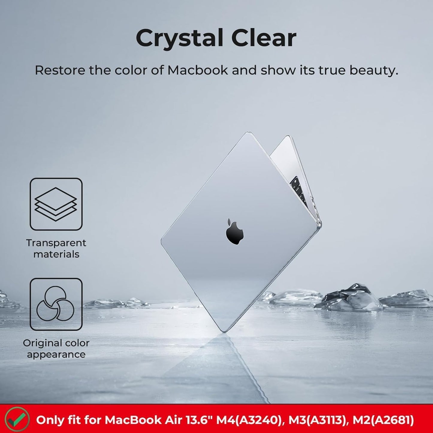 EooCoo Case Compatible with MacBook Air 13 inch M4 M3 M2 2025-2022 A3240 A3113 A2681, 13.6" Hard Case Cover & TPU Keyboard Skin & Screen Protector for Laptop Air 13.6 inch - Crystal Clear