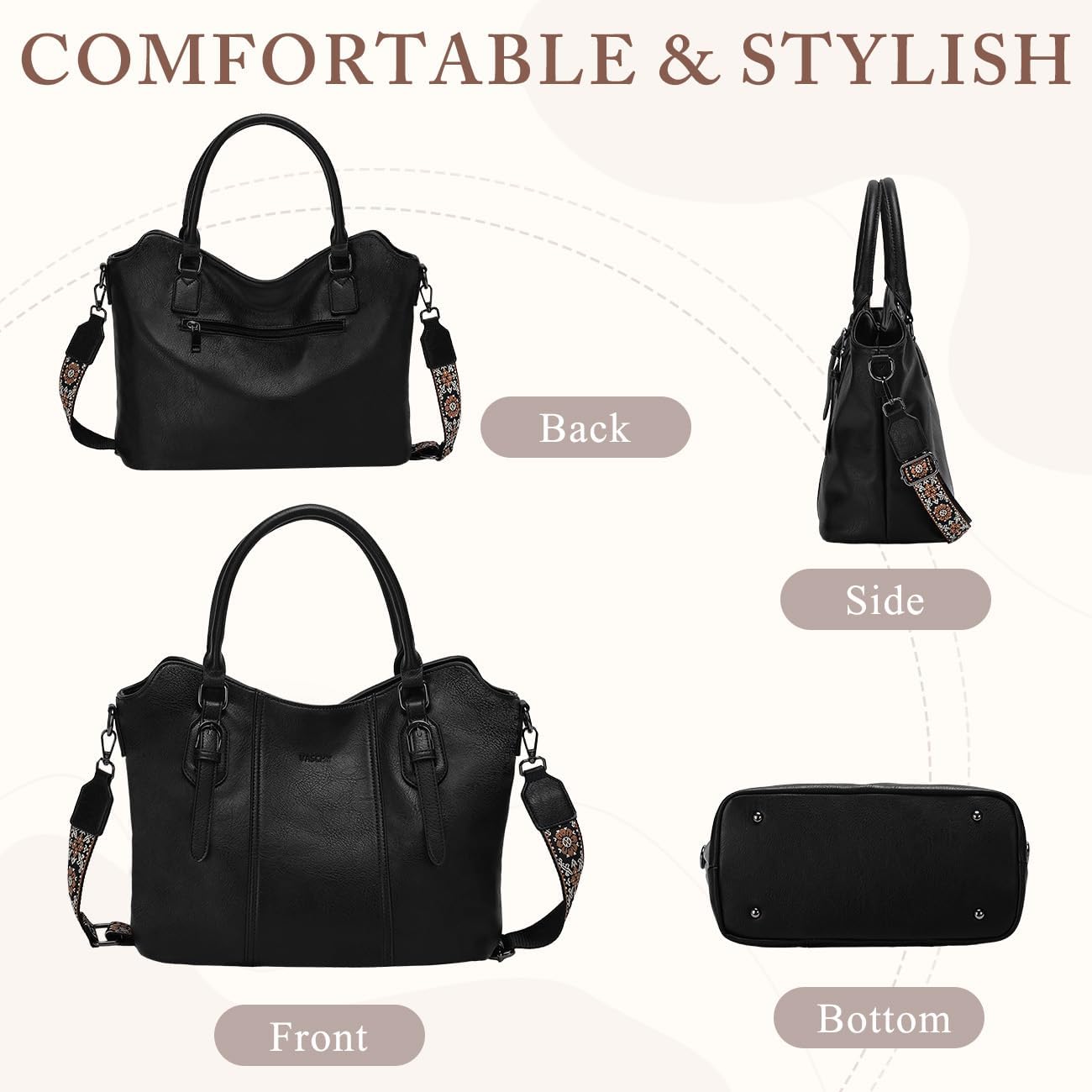 Hobo Bags for Women,VASCHY Vegan Leather Handbag Purse Top Handle Satchel Boho Shoulder Bag with Crossbody Guitar Strap