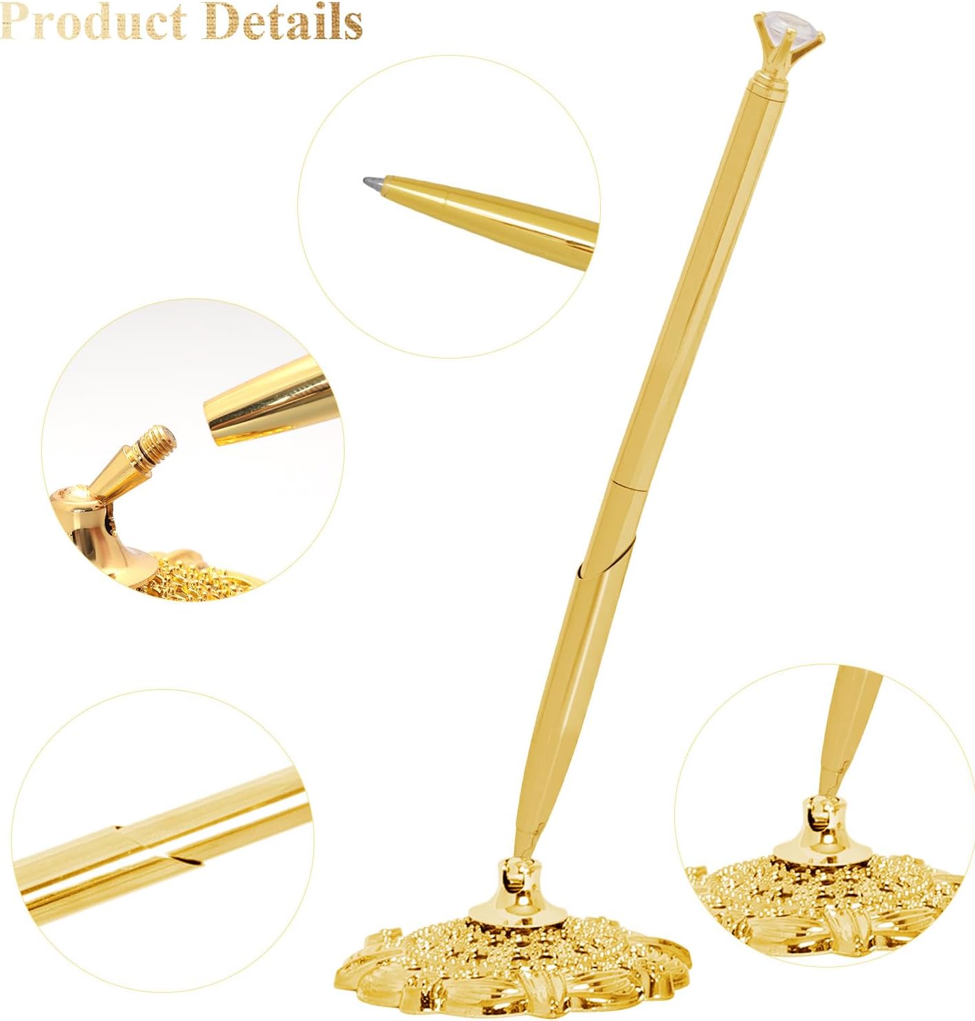 Bcxfbxd 2 Pcs Hollow Round Pen Holder with Diamond Metal Pen Stand Holder Set Signing Pen Set Signing Desk Ballpoint Pens for Guest Book Wedding Birthday Graduation Teacher Office Business (Gold)