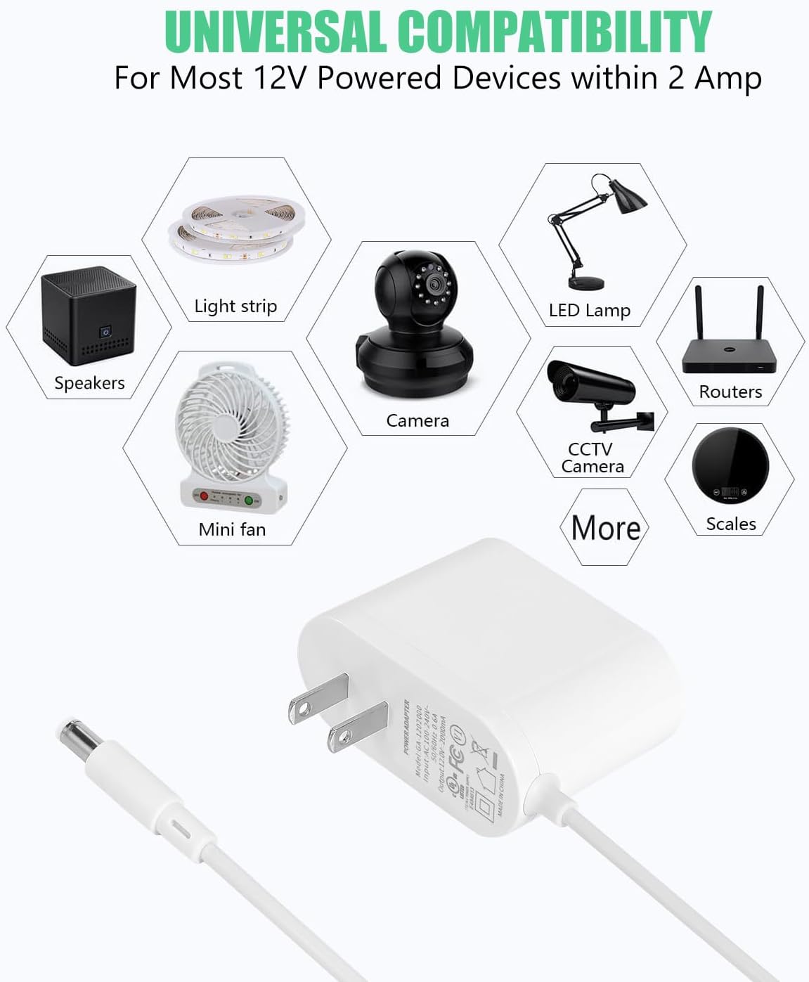 Wefomey 24V 3A Power Supply UL Listed, AC 100~240V to 24V DC Adapter Transformer with 5.5x2.1mm DC Plug, 24 Volt 3 Amp 72W Wall Charger for 5050 3528 LED Strip Light LED Driver CCTV Security System
